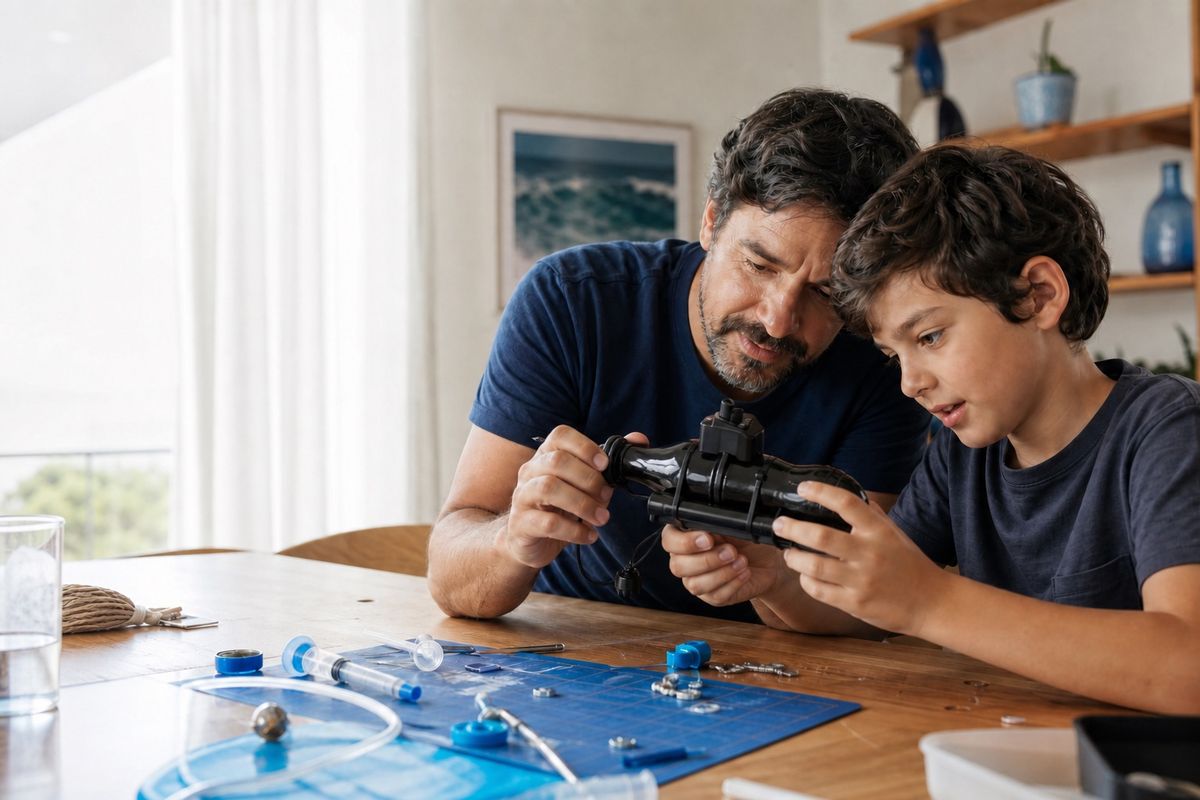 Pai e filho construindo o mini submarino juntos