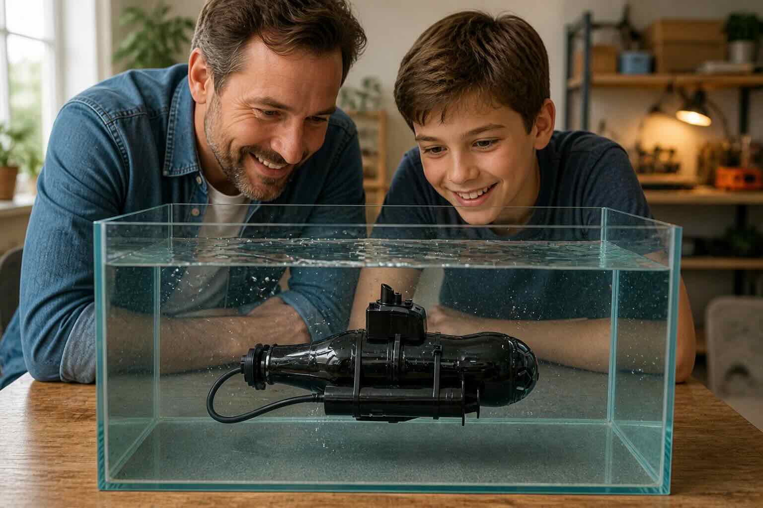 Primeiro mergulho do mini submarino na água